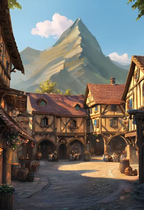 ancient mountain village center plaza tavern medieval