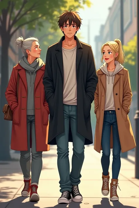 Create a drawing of a tall handsome guy, with soft features, with brownish hair covering his forehead, wearing a black dust coat without a shiry inside of the dust coat, hes also wearing baggy jeans with high converses walking in a sidewalk, hes walking an...