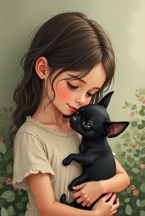 Drawing of a girl with a black chihuahua
