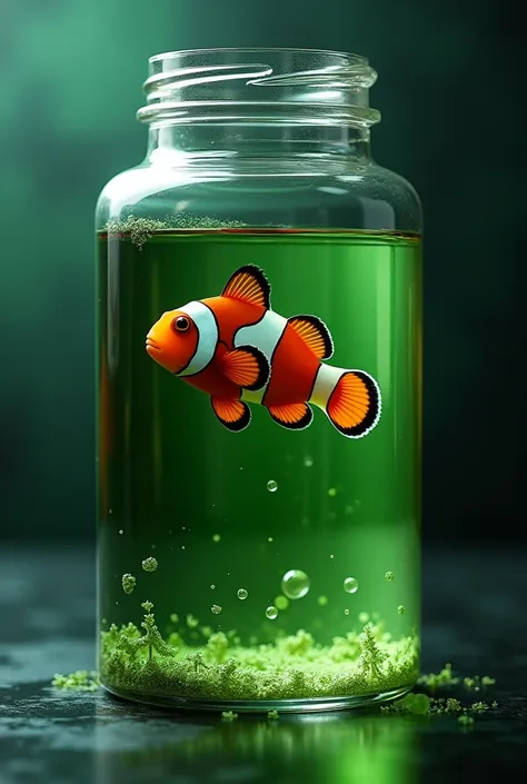 Give a picture of a clown fish swapped into a vial of poison 