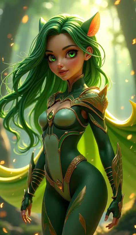 "Create a digital portrait of Titania, the goddess of vitality and nature, designed with a blend of cartoonish, manga, and Disney-inspired styles. Her appearance should embody her connection to the earth and life, with long, flowing hair in a vibrant fores...