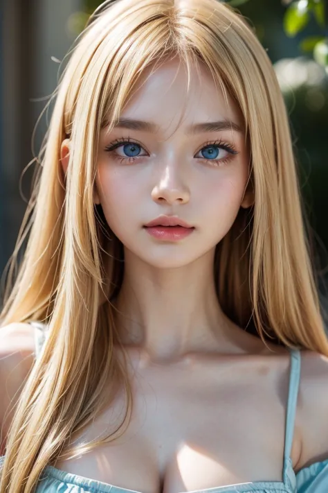 a beautiful プラチナblonde with a baby face、1 girl, age 19, solo, super long straight hair,  huge boobs from afar, bright expression...