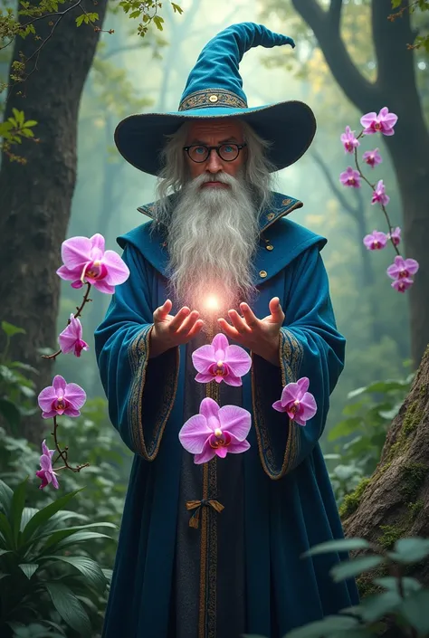 Create an image of a wizard, Wearing a wizards hat ,  degree glasses , blue eye,  manipulating two colors of orchids in the forest.  Pink and lilac  