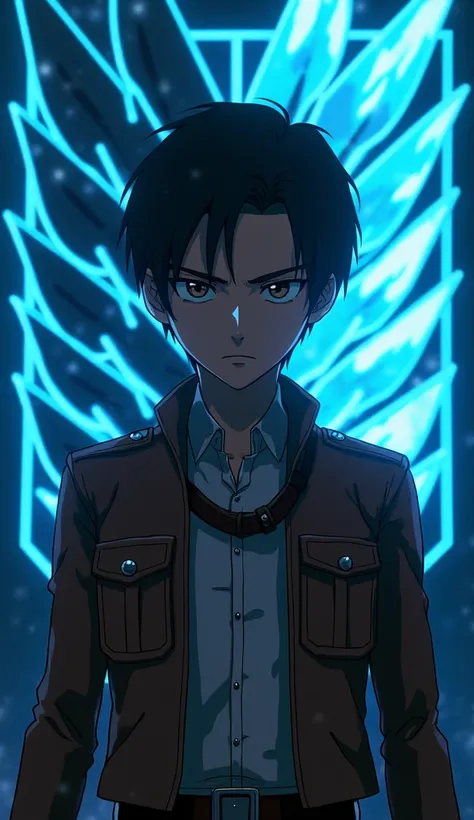 Erens character from the movie Attack on Titan, standing staring at the viewer with a sharp gaze, blue holographic background, behind him a The Attack on Titan logo is lit and shiny. 