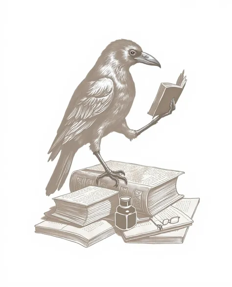 arafed crow sitting on a pile of books and reading a book, an illustration 