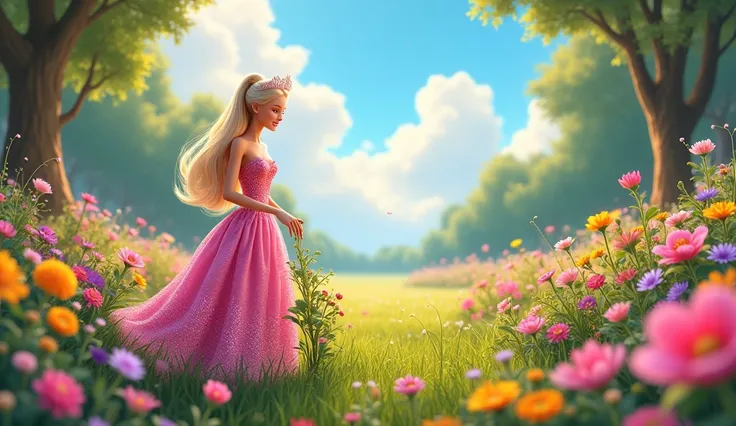  "A beautiful princess named Barbie standing in a large, colorful garden full of blooming flowers. She is wearing a lovely pink dress with sparkling details. There is green grass, tall trees, and a bright blue sky with sunlight. Barbie is smiling while ten...