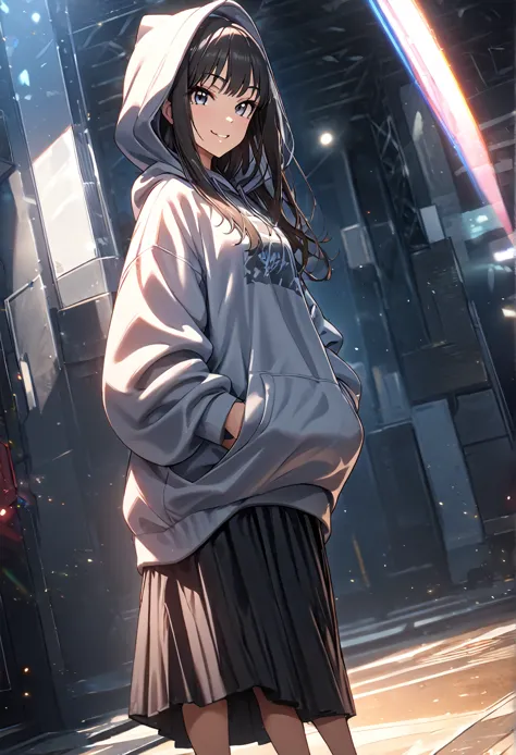 (masterpiece:1.2,  best quality), ( high definition),    1 girl  , long legs,   oversized hoodie,  long skirt、 standing, smile, ...