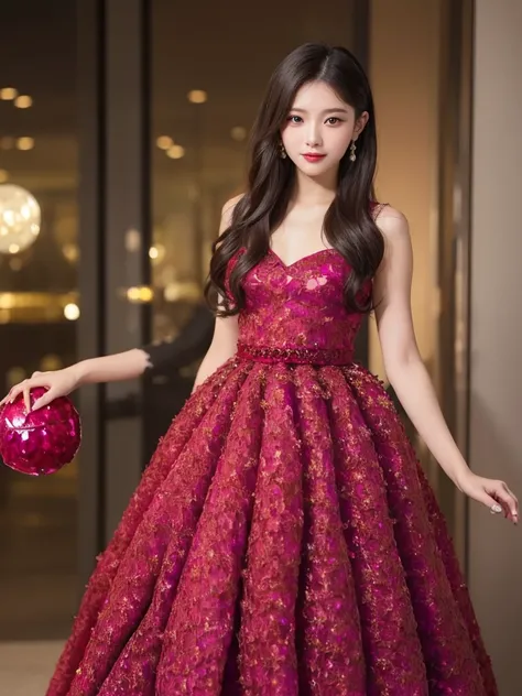 Full body 1.9, Highest quality, shape, Very detailed, finely, High resolution, 8k wallpaper, perfect dynamic shape, Beautiful and beautiful eyes, (The outfit is a ruby red ball gown:1.9),　Straight hair,Small breasts、Natural Color Lip, Bold sexy pose,smile、...