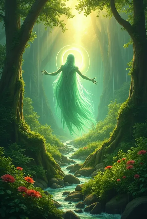 Magical Wave: A lush green landscape teeming with life, where rainfall is plentiful and towering trees and vibrant plants flourish. At the heart of this paradise, a shimmering and mysterious entity known as Regen radiates a powerful and healing aura. Regen...