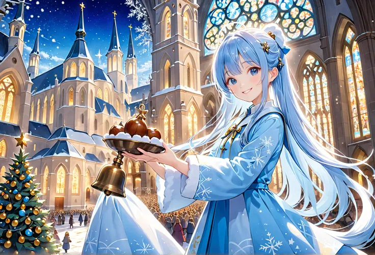  light blue long hair playing a handbell、 twin-tailed little character picking chestnuts、Close up、smile、Very beautiful 、Lots of beautiful girls、holding a large handbell in hand、christmas tree background、Church Scenery、 large stained glass