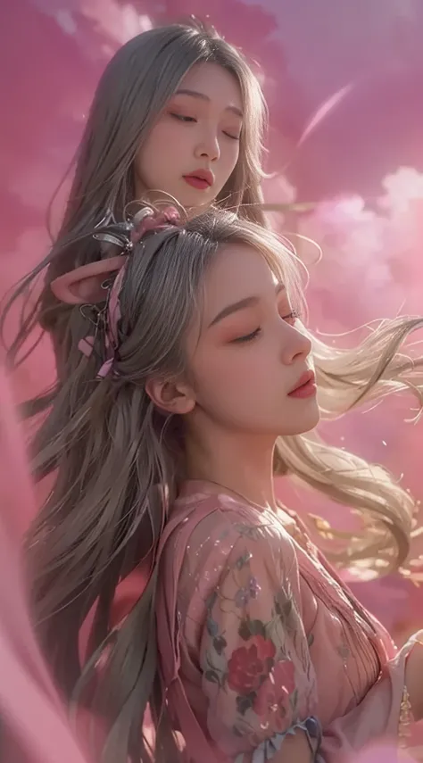  high quality，4K， Detailed Details，dream， super realistic ，Upside down ，Parallel Worlds， girl falls from the sky， long gray hair ， vertical drop ，  with eyes closed  ， stay quiet ，Girl in the Clouds， pink light and shadow ，