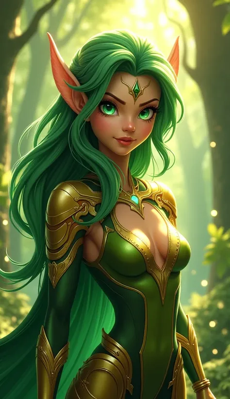 "Create a digital portrait of Titania, the goddess of vitality and nature, designed with a blend of cartoonish, manga, and Disney-inspired styles. Her appearance should embody her connection to the earth and life, with long, flowing hair in a vibrant fores...