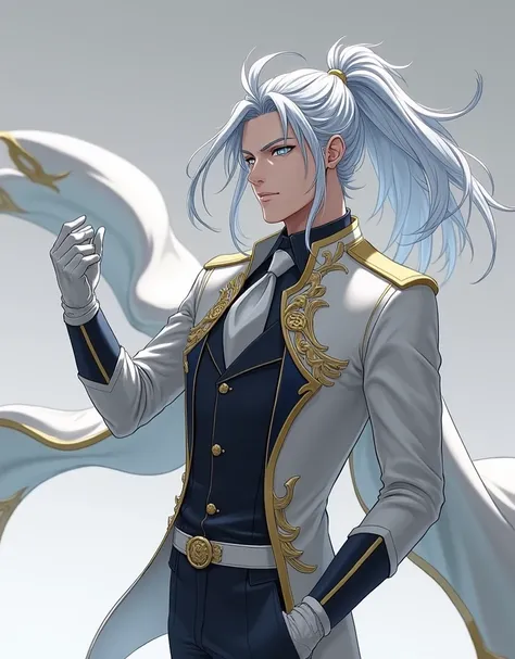  Silver hair with bluish reflections ,  long and tied in a ponytail , Eyes Metallic Gray ,  with a shine reminiscent of stormy sky ,  He wears Admirals white uniform ,  adorned with golden details in the form of dragon scales .  He wears a cape that always...