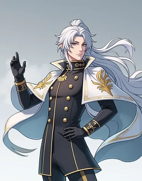  Silver hair with bluish reflections ,  long and tied in a ponytail , Eyes Metallic Gray ,  with a shine reminiscent of stormy sky ,  He wears Admirals white uniform ,  adorned with golden details in the form of dragon scales .  He wears a cape that always...