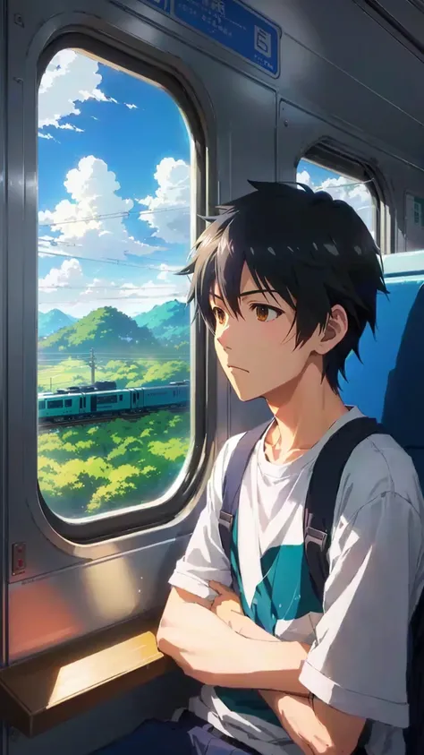 anime boy looking out of window of train with scenic scenery, ( ( makoto shinkai ) ), makoto shinkai. —h 2160, makoto shinkai!, makoto shinkai!!, mokoto shinkai, kyoto animation key visual, style of makoto shinkai, studio glibly makoto shinkai, kyoto anima...