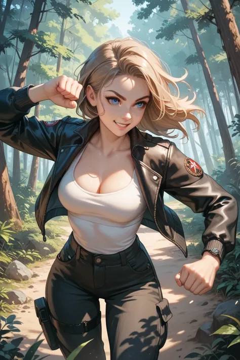 1girl, white woman, long sandy brown wild hair, blue eyes, petite build, thin hips, long sleeve black jacket, medium breasts, cleavage, black cargo pants, standing in forest, fighting stance, mischevious smile