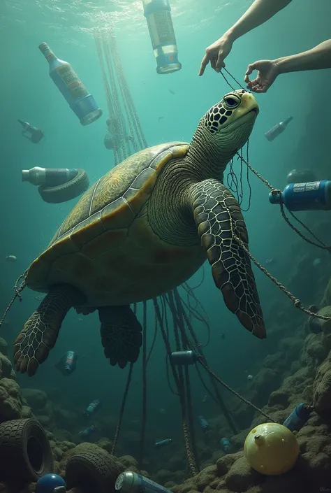 surealisme image about sea pollution that affect sea turtle with lots of trash like bottles, plastics, tyres and net. This can cause extinction of sea turtle. The sea turtle are being pulled by net that looks like human hands. It pulled on of the turtle fe...