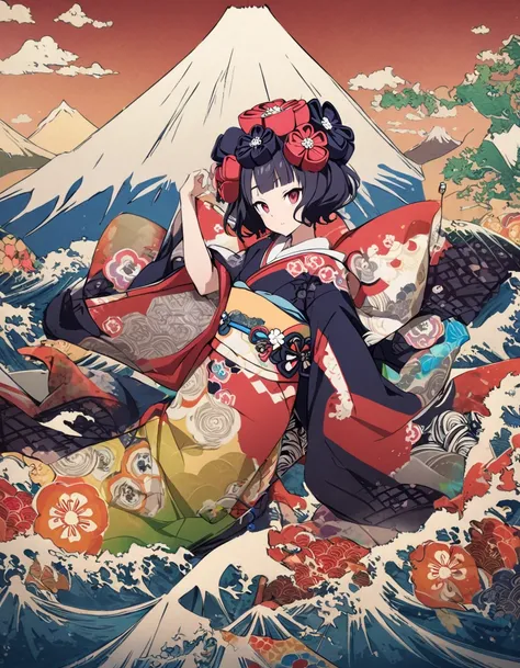 best quality, style of Hokusai,black hair,red eyes,amazing kimono,kaleidoscope, rich and colorful ,Mount Fuji