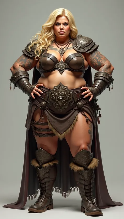 photorealistic full body photo of plus size Barbarian dwarven woman, blonde girl,(art by Noah Bradley:1.2), (intimidatingpose:1.5),(hands on hips:1.5),(detailed tanned skin:1.5) ,(realistic:1.5),high quality,(muscular body:1.5),(tattoo:1.5) ,intricate deta...