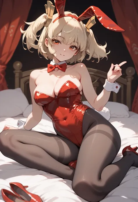 Character: Burnice_ZZZ, blonde hair, orange eyes, two side up, short twintails, hair ornament, fake red bunny ears, Default Outfit: cleavage, red bunny suit, red leotard, white cuffs, black pantyhose, red heels
