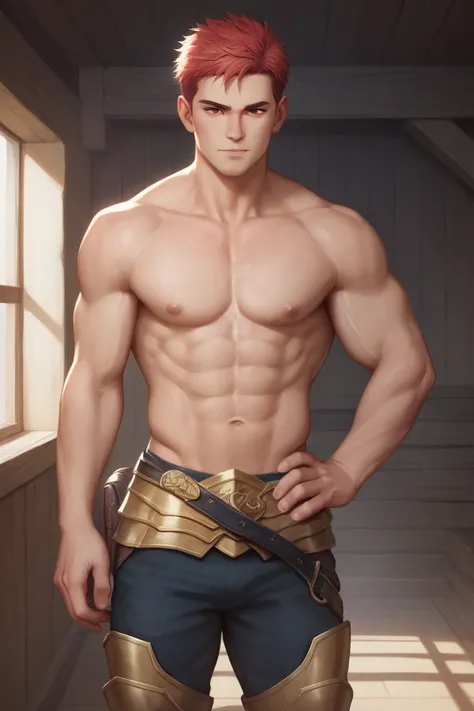  A muscular man with short red hair, with sideburns,  of a confident and intimidating appearance .  His torso is completely exposed ,  showing well-defined muscles , No trunk,  On the arms and legs , na virilha big  bump ,  bump ,  and hes wearing armour p...