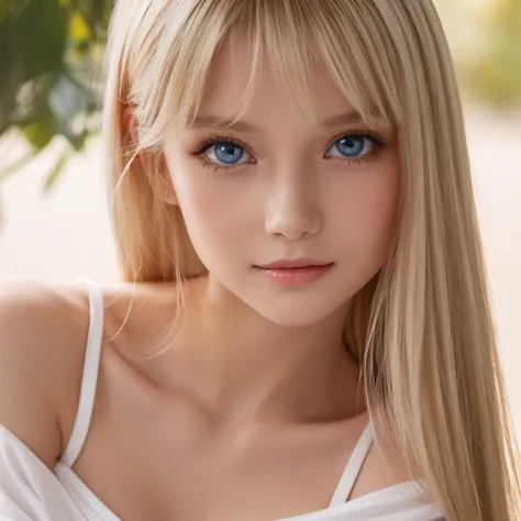 a beautiful platinum blonde with a baby face、1 girl, age 19, solo, super long straight hair,  huge boobs from afar, bright expre...