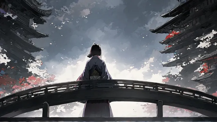 whole body, back view, Japanese,woman,On the Bridge,Sees far