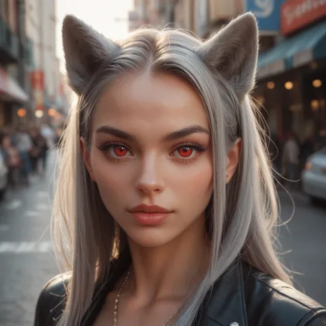 Red eyes, Grey Hair,  wolf ears ,  wolf cut,  Street Fashion