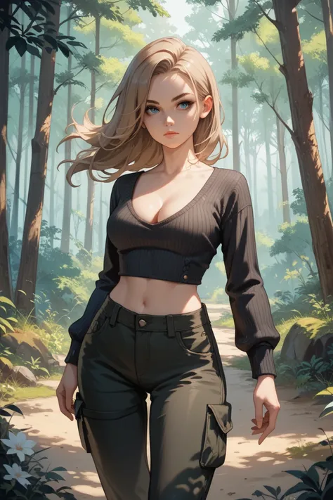 1girl, white woman, long sandy brown wild hair, blue eyes, petite build, thin hips, long sleeve black sweater, medium breasts, cleavage, black cargo pants, standing in forest, spellcaster stance, emotionless face