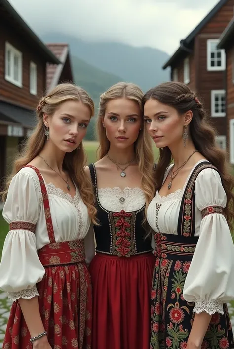 3 beautiful women in elegant Norwegian village clothes The best quality, 