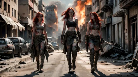 three pale skinned red-haired women with very long hair stumbles through the streets of a ruined city with tattered and torn tan...