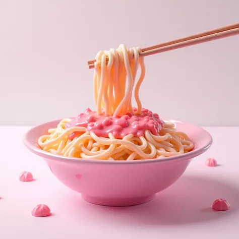  A bowl of long, stretchy noodles made entirely of pastel-colored gum. The noodles shine under the light and when you lift them they stretch .  You must have a pink bubble gum sauce and lots of bubble gum dripped over the noodles  