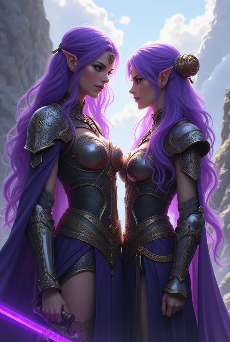 Queen and princess with purple hair and eyes, warriors