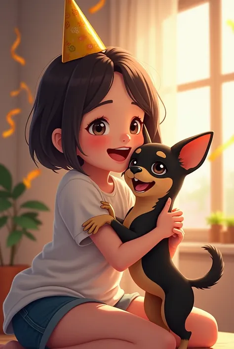 Happy short haired girl with her black and brown chihuahua on her birthday

