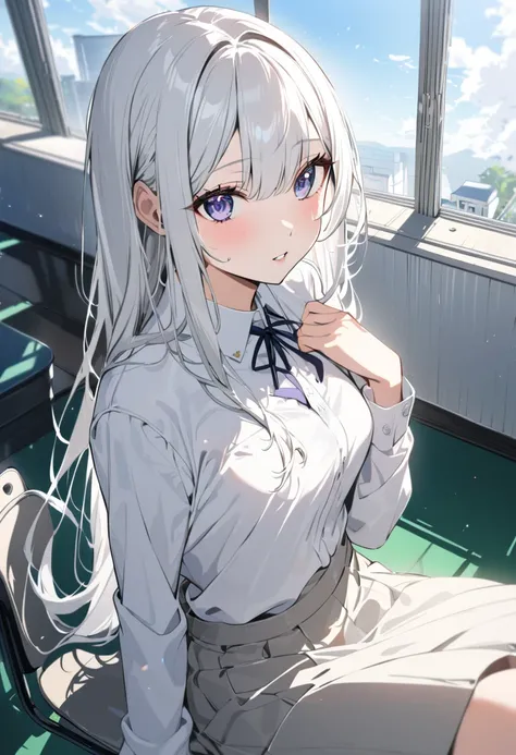 Long white hair, lady,feminine, pretty, beautiful, slim figure , highschool outfit , blouse, skirt, Japanese classroom background, student, afternoon , high quality, 8k, (you are sitting down on your chair)