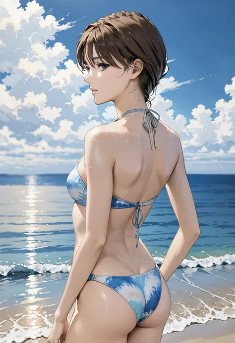 Tall, ultra-slim, brown-haired Japanese beauty in light blue and white tie-dye bikini with bandeau top, halter straps, and classic tie-side bottom. Her body is quite wet, on the beach, from the back, turning around.