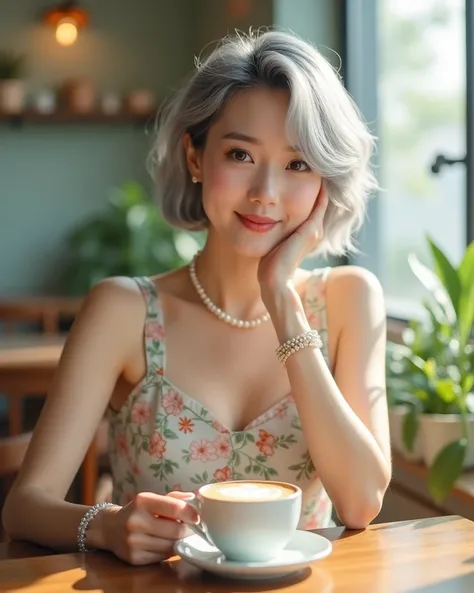 a woman with a gray, white and silver short hair, hime cut hairstyle, gorgeous youngful korean woman, beautiful south korean woman, korean womens fashion model, hyper realistic 8K, ultra detailed realistic, sitting at a cozy cafe table, reflecting the natu...