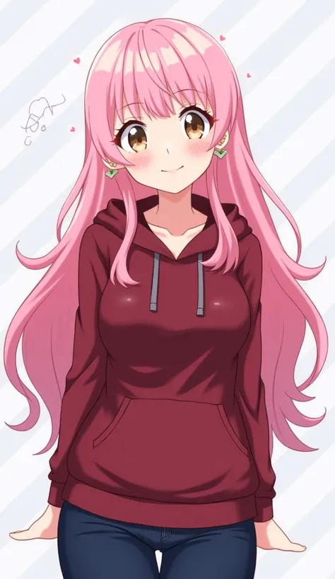 1girl, Solo, Long Hair, Breasts, Smile, Looking at viewer, Pink Hair, Wavy Hair, Large breasts, Thicc thighs, Blush, Hazel Eyes, Heart Earrings, Sparkle, Maroon red hood, Hood Down, Heart Hair Ornament, dark blue jeans, Anime, Anime Style