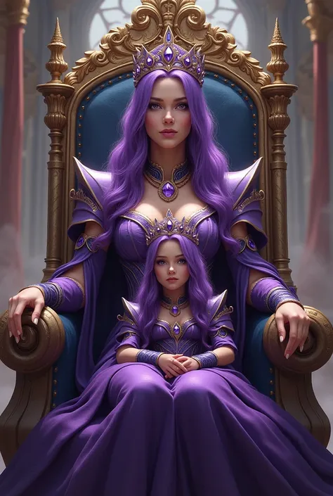 Queen and princess with purple hair and eyes, warriors, Mother and daughter, Enthroned