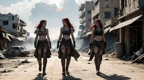 three pale skinned red-haired women with very long hair stumbles through the streets of a ruined city with tattered and torn tan...