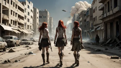 three pale skinned red-haired women with very long hair stumbles through the streets of a ruined city with tattered and torn tan...