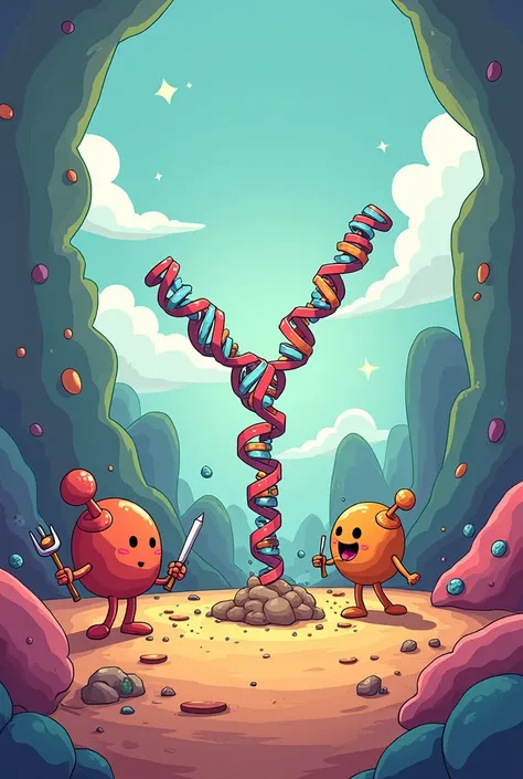 Cartoon of a replication fork ,  with a Y-shaped path and working enzymes.