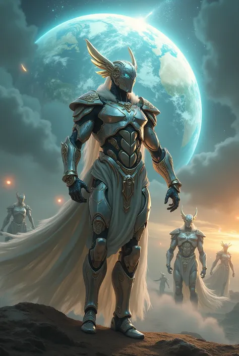 a  cyborg demigod in full regalia defending the earth from a extratarrestial attack