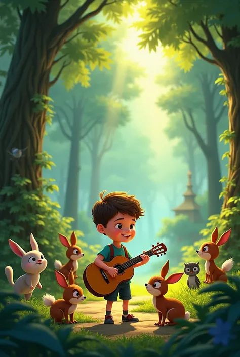 A little animated boy is playing guitar in the deep forest. Animals has surrounded him.  A traveler hard his song behind.