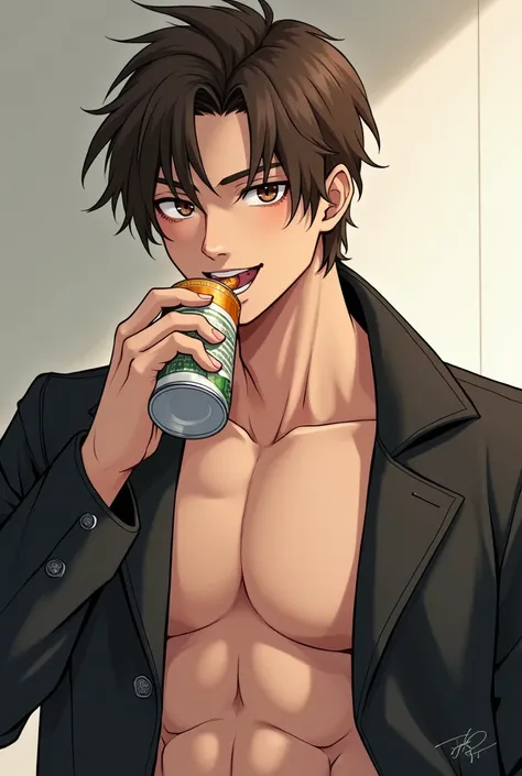 Create a of a handsome guy, he has brownish hair covering his forehead, hes wearing a black dust coat without a shirt inside of the dust coat, hes eating a can of canned food, hes eating with a soft smile on his face, hes looking straight, in a manga style