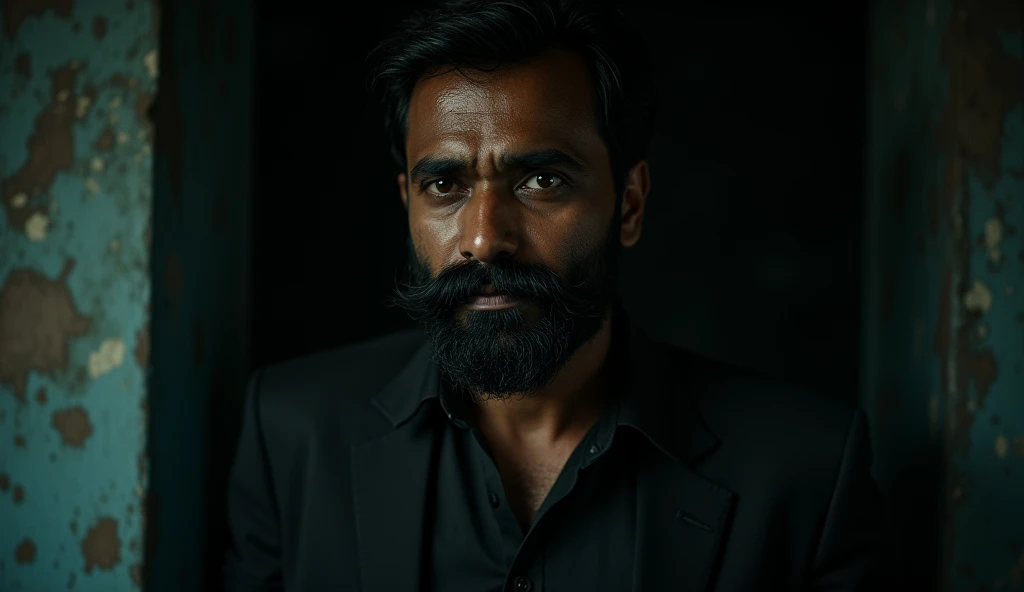 A hyper-realistic cinematic close-up of a 40-year-old South Indian man standing in the dark, his face partially illuminated by a dim, eerie light. His neatly shaved mustache adds to his sharp, well-groomed appearance. His expression is cold and calculated,...