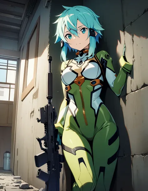 1girl,sinon, sword art online, ,sleek high-tech seductive designed white plugsuit,a long high-tech rifle is propped up against the wall, Old room with poured reinforced concrete,old japanese apartment,masterpiece, best quality, absurdres.
