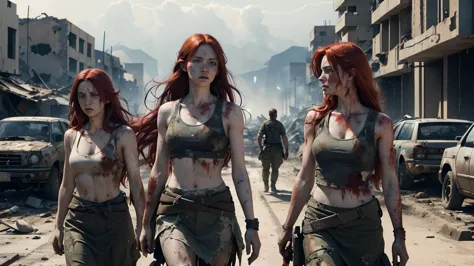 three pale skinned red-haired women with very long hair stumbles through the streets of a ruined city with tattered and torn tan...