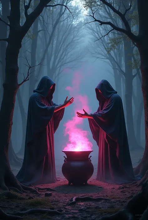 2 sorcerers ,  with long tunics ,  heel,  that cover their faces ,  somewhat hunchbacked ,  in the woods,  at night,  all around a cauldron ,  making positions ,  that some pink smoke comes out of the cauldron,  them looking at the camera , Dark fantasy st...