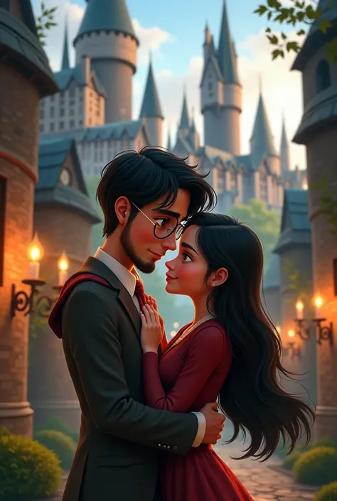 Disney Pixar-style image of a young man with a beard ,  wavy black hair ,  brown eyes , golden glasses and young woman with long black hair , medium build and green eyes on Hogwarts background, kissing